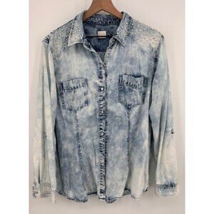 Chicos Button Up Shirt Women XL Acid Washed Embellishments Pearls Rhinestone